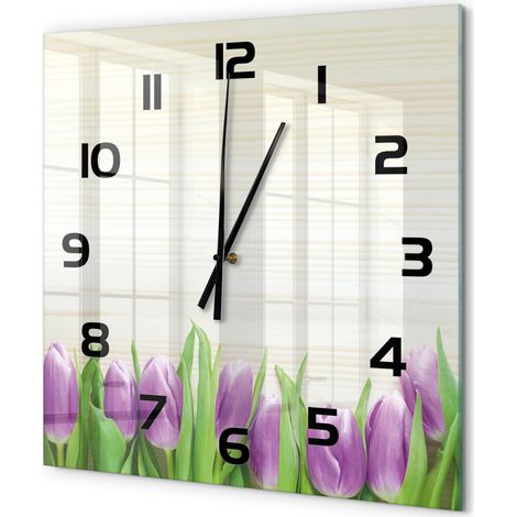 Grande Horloge Murale Carrée Salon en Verre Trempé Silencieuse Moderne et Élégante Tulipes violettes 60x60 cm (1/5)