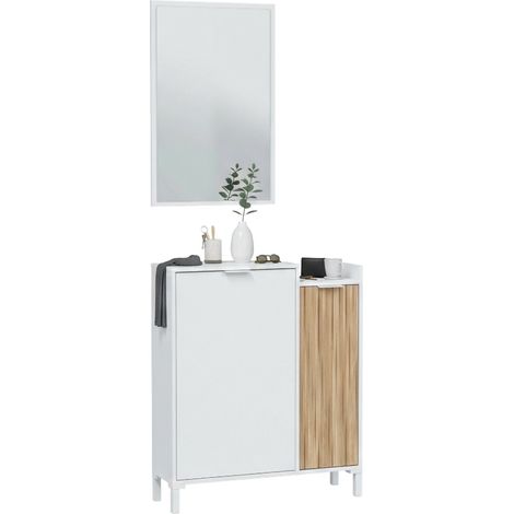 Dmora - Mobile da ingresso Williamsport, Entratina a 2 ante, Armadio con specchio, Portaoggetti multifunzione, 77x24h91 cm, Bianco e Rovere, con imballo rinforzato