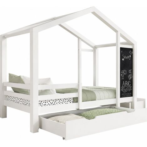 Lit cabane enfant 90 x 200 cm en bois avec tableau noir, 2 grands tiroirs, barrières de sécurité et sommier à lattes, blanc, sans matelas - CHICFURN (1/5)