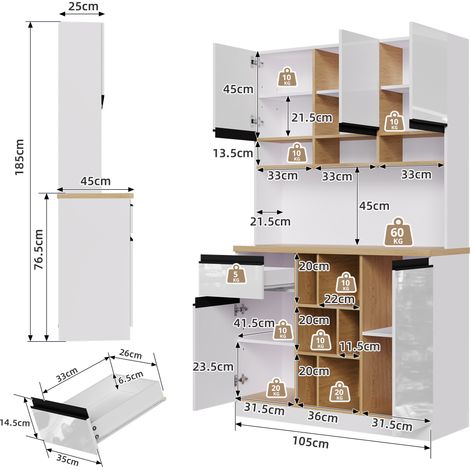 Meuble de cuisine blanc moderne 105x45x185 cm, buffet bas avec portes brillantes, poignées métal, étagères réglables, tiroirs, rangement ouvert, protection anti-bascule, idéal pour cuisine, salle à ma (1/5)