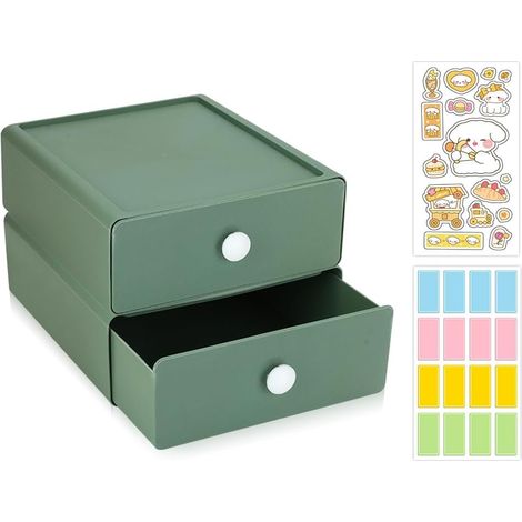 2 PCS Boite Rangement Plastique, Rangement Tiroir Empilable avec 2 Tiroirs Bureau Casier de Rangement Avec 1 Onglets pour Fournitures de Papeterie, Maquillage, Chambre à Coucher, Salle de Bain (1/5)