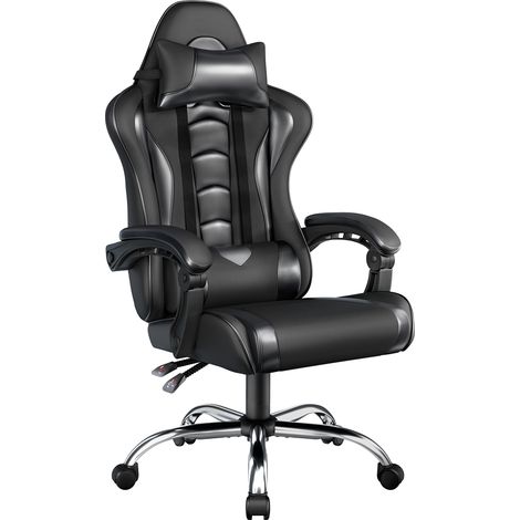 Yaheetech Sedia Gaming Ergonomica Massaggiante Reclinabile con Poggiatesta e Supporto Lombare Braccioli Imbottiti in Finta Pelle, Poltrona Gamer da Scrivania con Ruote Girevole Nero (1/5)