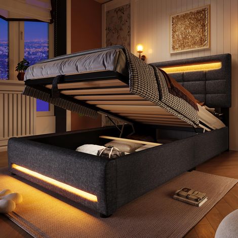 Lit capitonné, 90x200cm, commande par application, éclairage LED, suspension hydraulique, sans matelas, avec port USB, linge de lit gris, garantie 2 ans (1/5)
