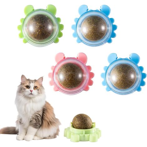 Katzenminze-Bälle, 4 Stück, Wandmontierte Katzenminze-Bälle, 360° drehbar, essbares Katzenspielzeug zum Ablecken, Zahnreinigung und Stressabbau, selbstklebendes Katzenspielzeug zum Anbringen an der Wa