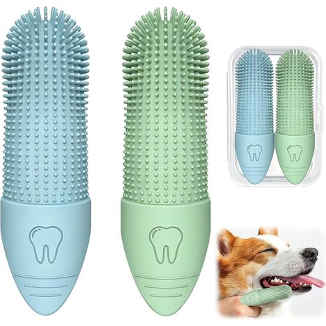 2 brosses à dents en silicone pour chiens et chats, poils souples, avec étui de protection, soin bucco-dentaire quotidien pour chiots et chatons (1/5)