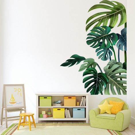 Décalque mural feuille de palmier orientée gauche, décoration murale verte tropicale pour salon chambre, autocollant végétal (1/5)