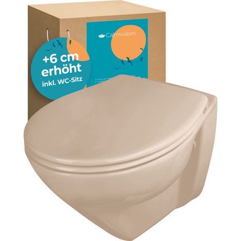 Calmwaters® Erhöhtes Wand WC spülrandlos Modern Plus mit Toilettendeckel, +6 cm Erhöhung, erhöhte Toilette inkl. abnehmbarem WC Sitz mit Absenkautomatik und Fast-Fix, Komfort Tiefspüler, Bahamabeige