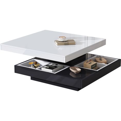 Table basse fonctionnelle avec plateau rotatif à 360°, double niveau pivotant avec rangement, plateau blanc et base noire, 70 x 70 x 36 cm (1/5)