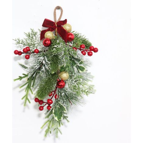 Weihnachtsschmuck-Anhänger – künstliche Kiefernzweige mit roter, fruchtförmiger Schleife, 2 Stück (1/4)