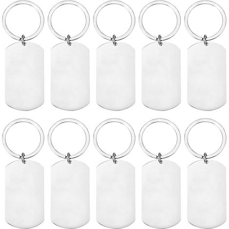 10 targhette rettangolari vuote in acciaio inox, portachiavi argento, confezione neutra, targhetta a foro singolo con anello per lavori artigianali, personalizzabili con incisione.