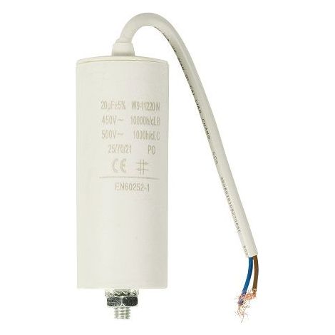 Condensador arranque motor electrico 450 V con cable 20.0 uF Blanco