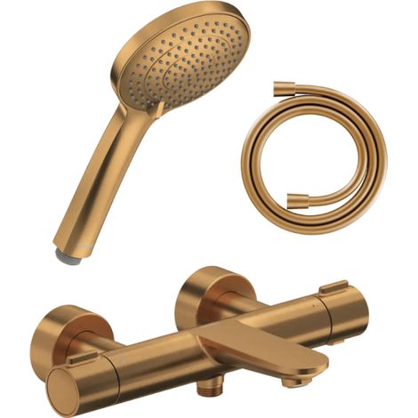 Pack mitigeur bain douche thermostatique DURAVIT Wave + pommeau Universal 3 jets avec curseur + flexible 160 cm bronze brossé (1/4)