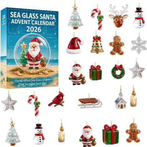 Calendrier de l'Avent 2026 « Verre de mer » - 24 décorations suspendues en acrylique 2D avec motifs de Noël et de verre de mer - Calendrier de l'Avent de 24 jours pour décorer le sapin et offrir en ca (1/5)