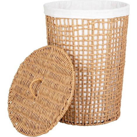 Panière à linge en Papier Imitation Rotin et Tissu Blanc - MATIAS