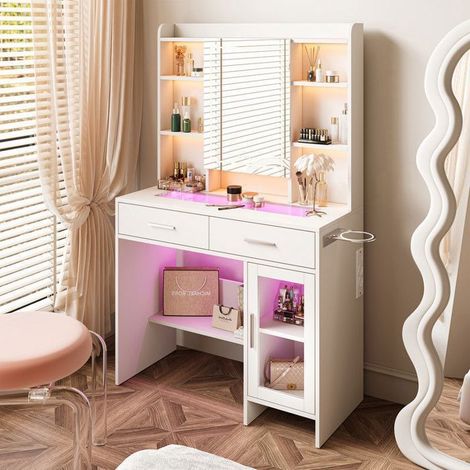 Friseur mit LED-Spiegel - 3 einstellbare Beleuchtungsmodi - mit 2 Schubladen und 8 Regalen zur Aufbewahrung - Weiß - 89,8x40x145cm