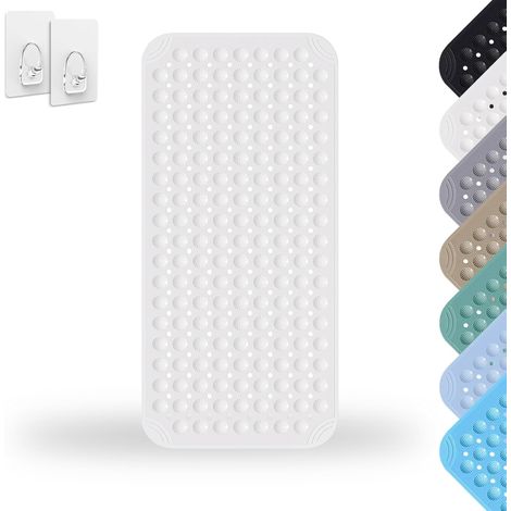 Tapis De Douche, 40 x 80 cm Tapis de Douche, PVC Shower Mat Non Slip, Tapis de Douche Carré Lavable en Machine avec Ventouse, avec 2 Crochets, Blanc (1/5)