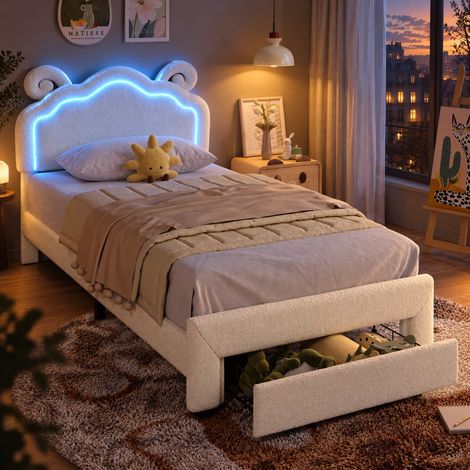JOOKGBD-Letto per Bambini 90×200cm in Tessuto Teddy,Testiera a Forma di Pecora con Striscia LED Multicolore,1 Ampio Cassetto Contenitore con Ruote, Struttura con Doghe di Legno,per Camera dei Bambini (1/5)