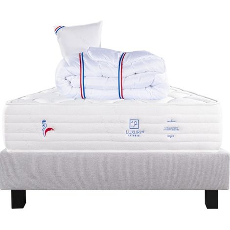 Ensemble Matelas Patriote Mousse, 27 cm, mousses haute densité , ferme, face été/hiver+sommier gris ep20cm+oreiller+couette, 90x190cm (1/5)