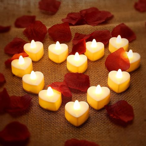 12 Stück Herz Form LED Teelicht Kerzen Liebe LED Kerzen mit 200 Stück Seide Rosenblätter Mädchen Künstliche Blütenblätter für Valentinstag Hochzeit (Gelbes Licht, Dunkelrotes Blütenblatt) (1/5)