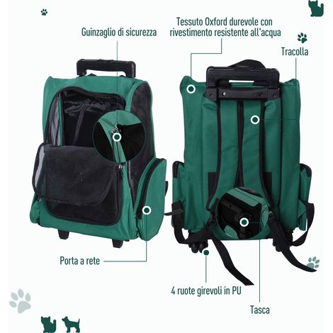 Sac à dos de transport 2 en 1 pour chiens et chats avec poches latérales, poignée télescopique et roulettes, 42 x 25 x 55 cm, vert (1/5)