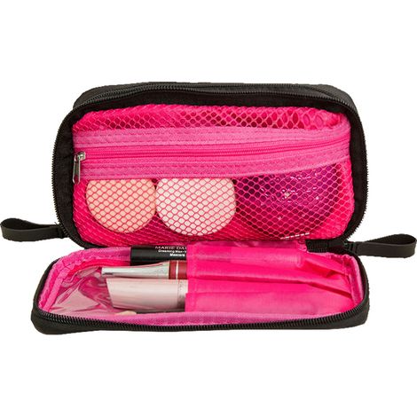 Trousse de maquillage double fermeture éclair noire, compartiment intérieur rose, étui de rangement cosmétique en nylon portable (1/5)