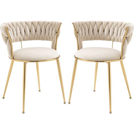 Sedia da Pranzo in Velluto Morbido, Set da 2 Pezzi, Schienale Moderno a Forma di Dito con Braccioli, Legno, Avorio (1/5)