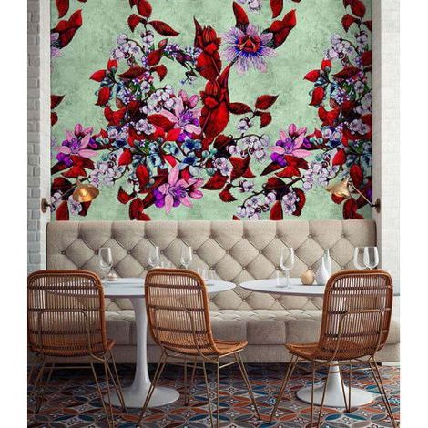 Papier peint panoramique vert et rouge belle nature Tapisserie panoramique floral et moderne Papier peint panoramique salle à manger tendance (1/3)