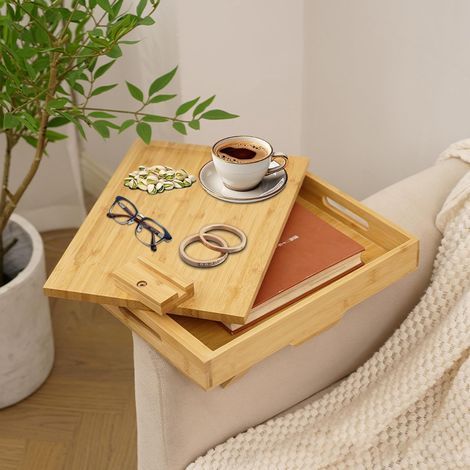 Plateau flexible en bois de bambou pour canapé, porte-gobelet, accoudoir à deux niveaux, table avec plateau rotatif à 360° et support de téléphone portable (1/5)
