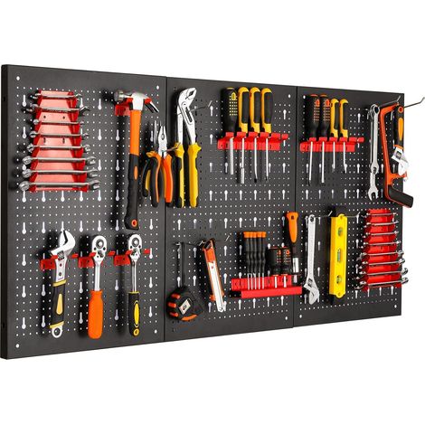 LIFERUN Werkzeugwand aus Metall, 117 x 59 x 2 cm Dreiteilige Lochwand Werkstatt, Erweiterbar Werkzeuglochwand mit 17tlg Haken und Halterungen, Werkzeug Wand für Werkstätten