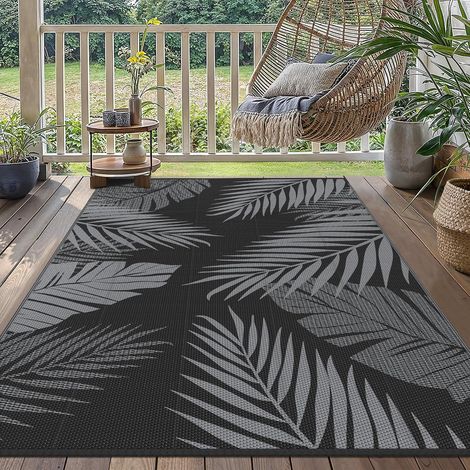 Tapis Exterieur Resistant Pluie,Reversible Recyclable Résistant aux UV Tapis Extérieur Terrasse, Tapis Plastique Exterieur pour Balcon, Jardin, Camping, Barbecue, 120x180cm, Noir (1/5)
