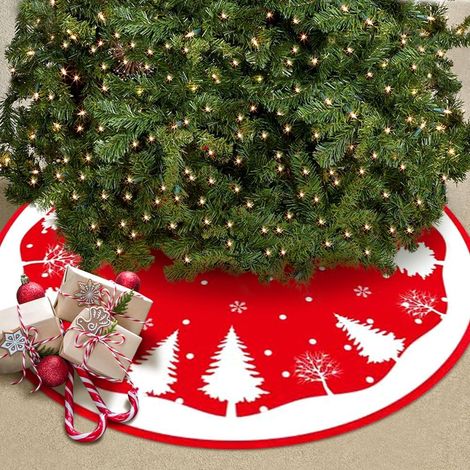 Red Christmas Tree Skirt, Christmas Tree Base Cover, Diameter 120 cm, Round Tree Base Cover with Snowflake Christmas Tree, for Christmas Holiday Home Decorations (1/5)
