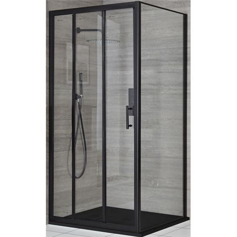 Milano Nero Black Corner Wet Room Walk In Triple Sliding Door Shower Enclosure with Graphite Slate Effect Tray and Fast Flow Waste - 800mm x 800mm (1/5)
