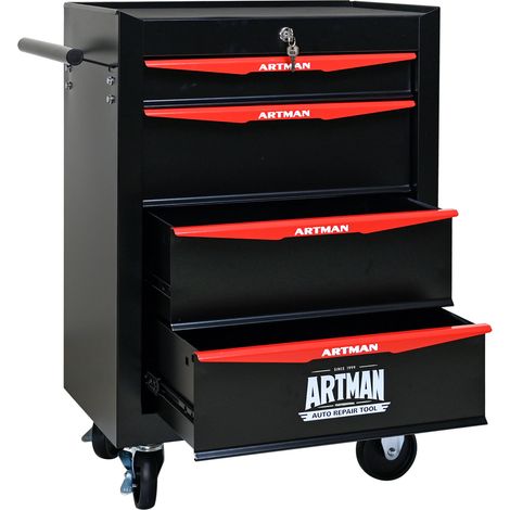 Chariot d'atelier mobile en acier avec 4 tiroirs, 60 x 33 x 77,5 cm, noir et rouge