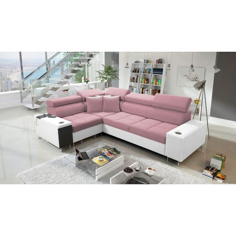 Elegantes Ecksofa mit Konsole und Ladegerät MORENA II Kunstleder/Uttario Velvet Weiß/Rosa Links (1/5)