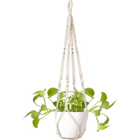 Cintre pour plantes en macramé, pots de fleurs suspendus pour intérieur/extérieur et paniers, cintres pour plantes en corde de coton blanc faits à la main avec perles, porte-plantes à suspendre Boho H (1/5)