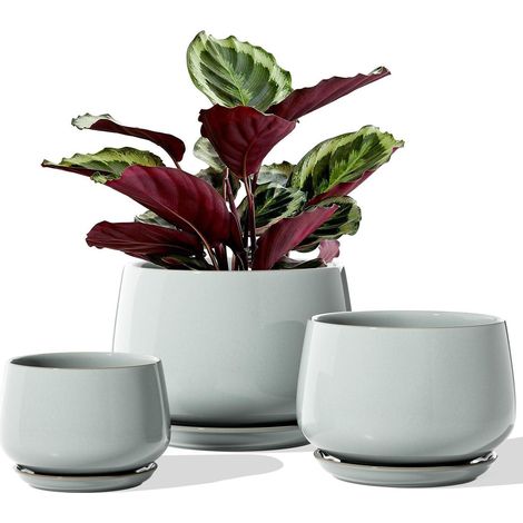 Keramik Blumentöpfe mit Untersetzer 3er Set 10-16 cm Blau Grau (1/5)