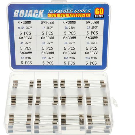 12 Values 60 Pieces 6x30mm Slow Blow Glass Fuse Assortment Kit 250V T 0.5A 1A 2A 3A 4A 5A 6A 7A 8A 10A 15A 20A packag in a clear plastic box (1/5)