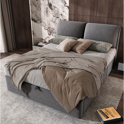 DESVIAE Lit coffre tapissé hydraulique avec 3 tiroirs et tête de lit réglable 140 x 190 cm velours gris sommier à lattes (1/4)