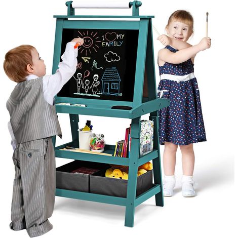 GOPLUS Chevalet pour Enfants Double Faces Noir et Blanc, Tableau de Dessin Magnetique avec Rouleau de Papier Boîtes de Rangement, Tableau de Peinture Multifonction Accessoires Complets (Bleu) (1/5)