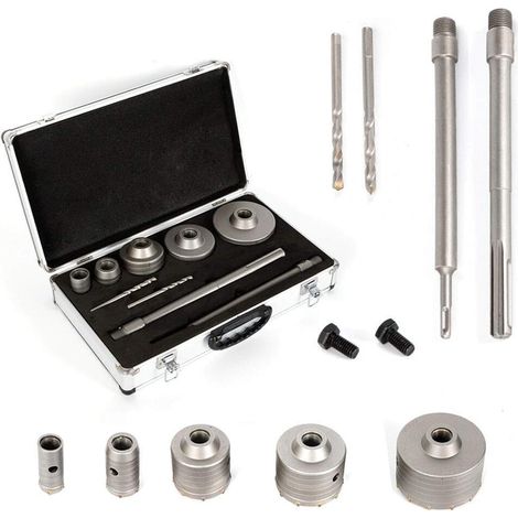 Kit de scies cloches pour béton – Foret multi-tailles 30, 40, 68, 80, 100 mm, 2 forets de centrage + tige de perçage SDS-Plus/Max de 300 mm, couronne de forage, prise murale, mur de béton (1/5)