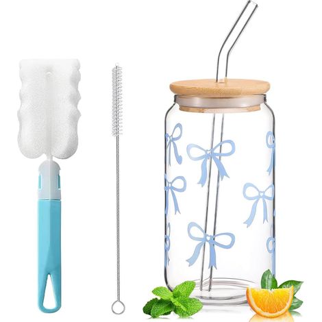 Bubble Tea Verre avec paille et couvercle - Verre à thé glacé - 400 ml - Verre à matcha avec design nœud - Pour café glacé, cocktail (nœud bleu) (1/5)
