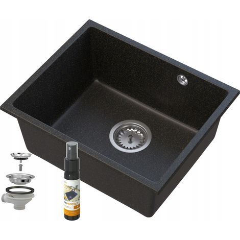 Évier de cuisine en granit Manado 46 × 37.5 cm sous plan noir avec distributeur et siphon (1/5)
