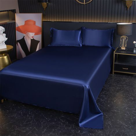 Drap Housse 120x230 cm avec 2 Taies d'Oreiller, En Soie de Glace Fraîcheur Été, Bleu Foncé Uni (1/2)