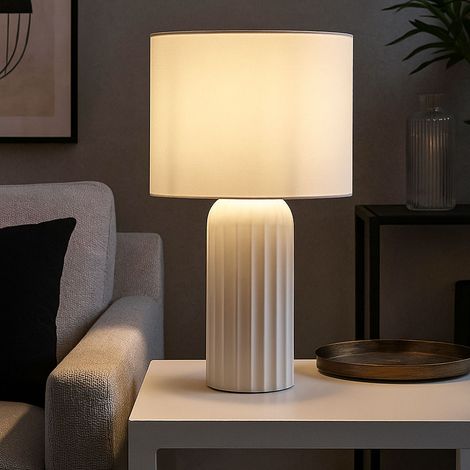 Lampada da tavolo in ceramica paralume tessile bianco lampada da soggiorno, interruttore a cavo, 1x presa E27, DxH 20x36 cm