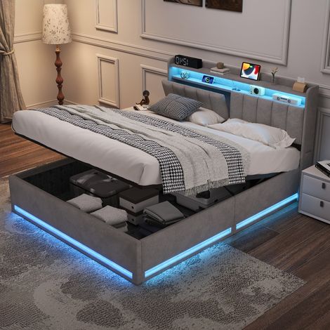 Lit RembourrĂ© 140x190 cm, Lit Coffre Hydraulique avec TĂȘte de Lit Rangement LED ports USB et Sommier Ă Lattes, Velours Gris (1/5)