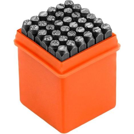 Poinçons à lettres 36PCS 4mm – Lettres A-Z, chiffres 0-9 – Acier chromé pour marquage métal, bois, cuir – Boîte de rangement orange (1/5)