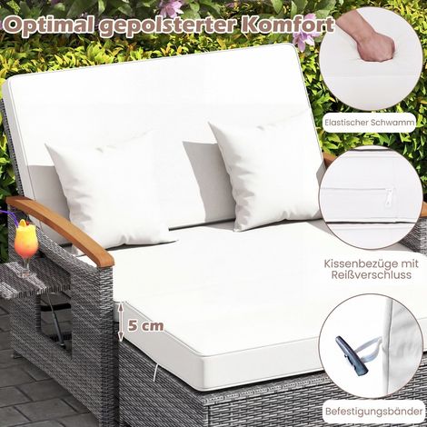 Banquette de jardin 2 places blanche en résine tressée avec dossier réglable, pouf coffre et coussins pour balcon terrasse et jardin (1/5)
