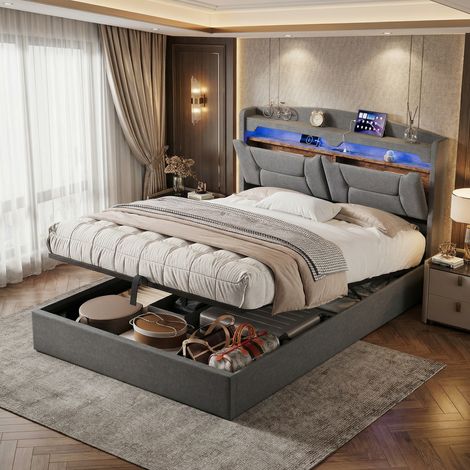 Letto contenitore 140x200 cm in velluto grigio – Letto matrimoniale con rete a doghe, LED e USB, tessuto in lino - Spazio contenitore pratico – Montaggio facile