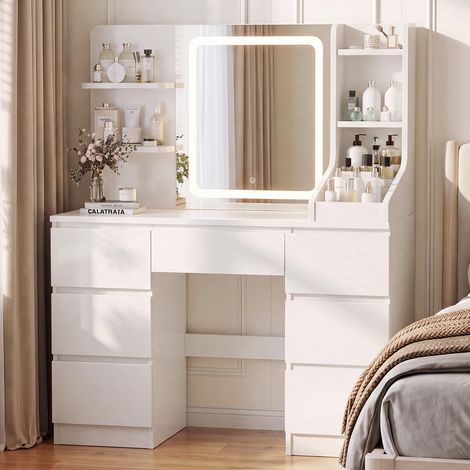 Grande Coiffeuse avec Miroir LED, Luminosité Réglable, Table de Maquillage avec 4 Étagères et 7 Tiroirs, Meuble pour Chambre Moderne (Blanc Brillant) (1/5)