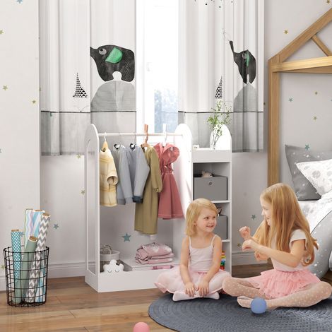 Porte-manteau enfant pour 3-8 ans avec étagères, 2 boîtes de rangement, tringle et miroir (1/5)